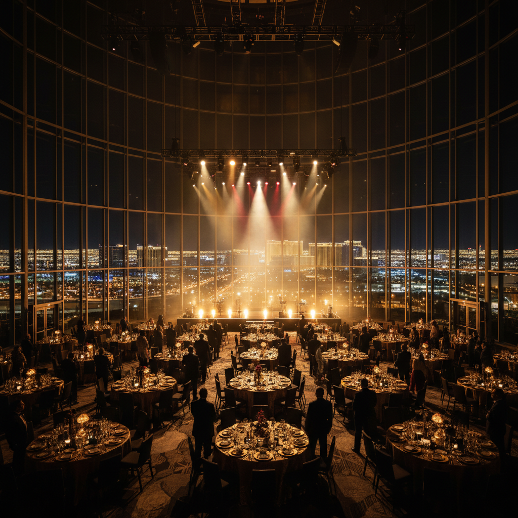 Vast Las Vegas event hall at night with city skyline, concert-lit stage, and silhouetted guests facing a blazing performance space