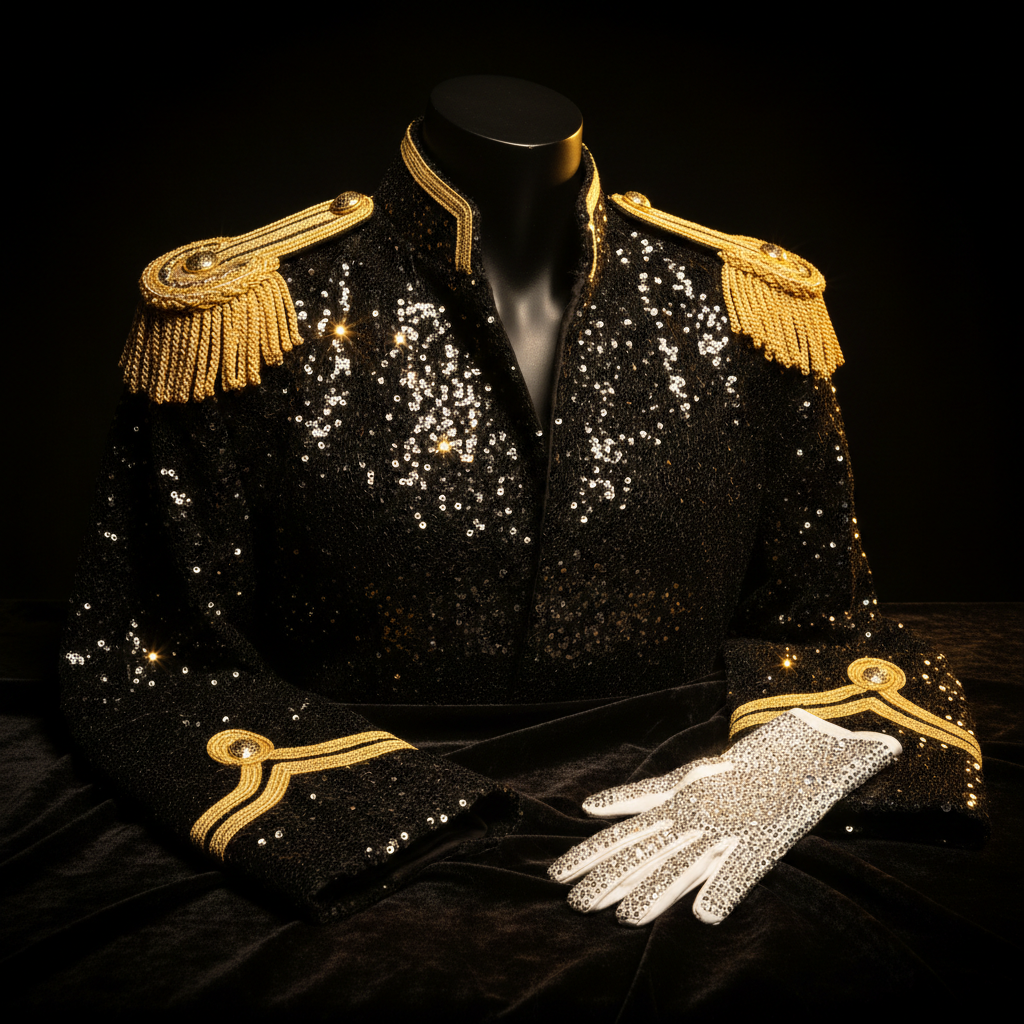 Sequined military-style jacket on a mannequin bust beside a rhinestone glove on dark velvet, lit by a pin-spot