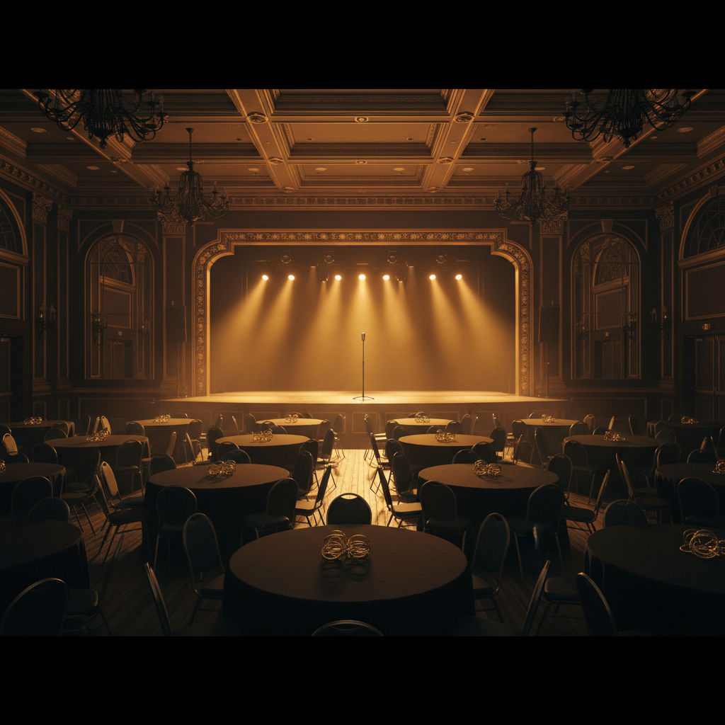Grand ballroom with black-linen tables and a gold-lit empty stage with a microphone stand, ready for an evening performance