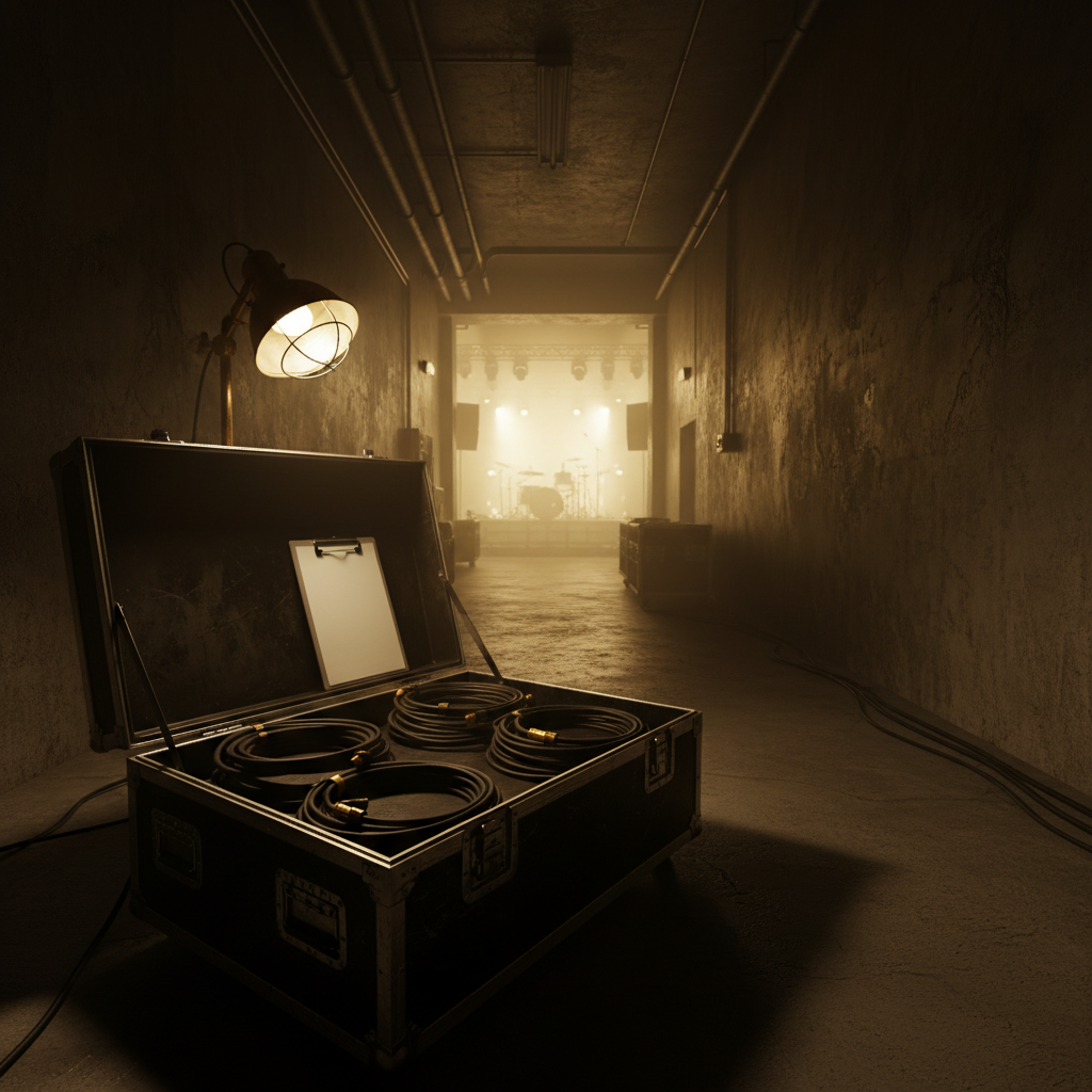 Open equipment case with coiled audio cables and a blank clipboard in a darkened backstage corridor leading to a lit stage
