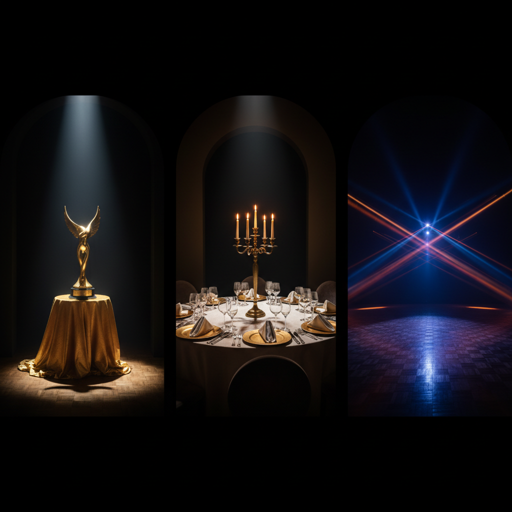 Three distinct gala segments depicted side by side - an award trophy on a lit pedestal, a formally set dinner table, and an illuminated dance floor