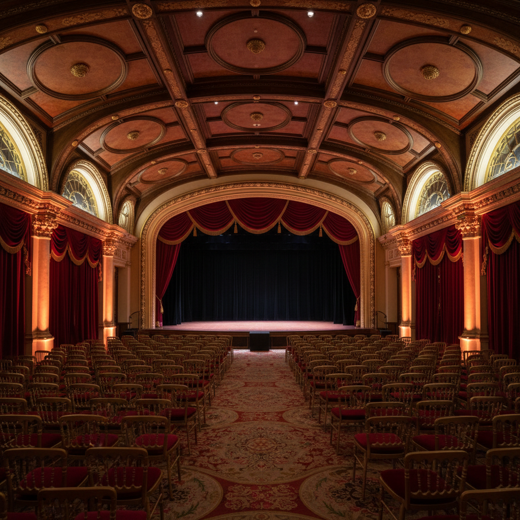 An empty grand venue interior with ornate gold ceilings, theatrical amber lighting, and an unoccupied stage at the far end