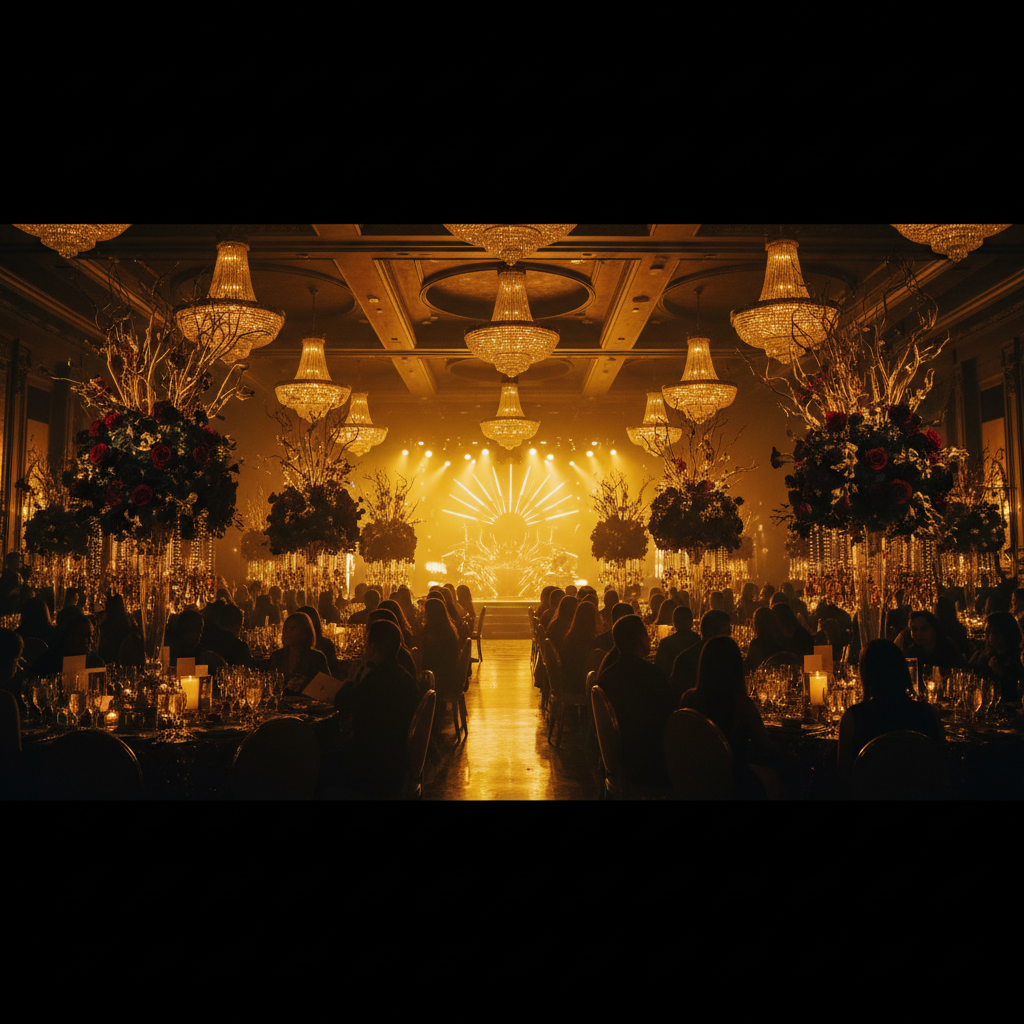 Silhouetted guests seated in a grand illuminated ballroom facing a glowing gold-lit event stage