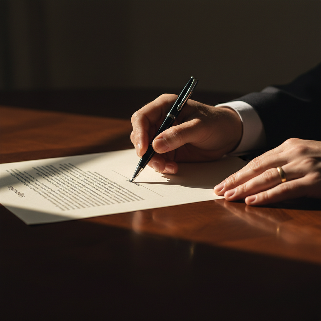A close-up of hands holding a pen over an unsigned document on a dark table lit by a warm side light