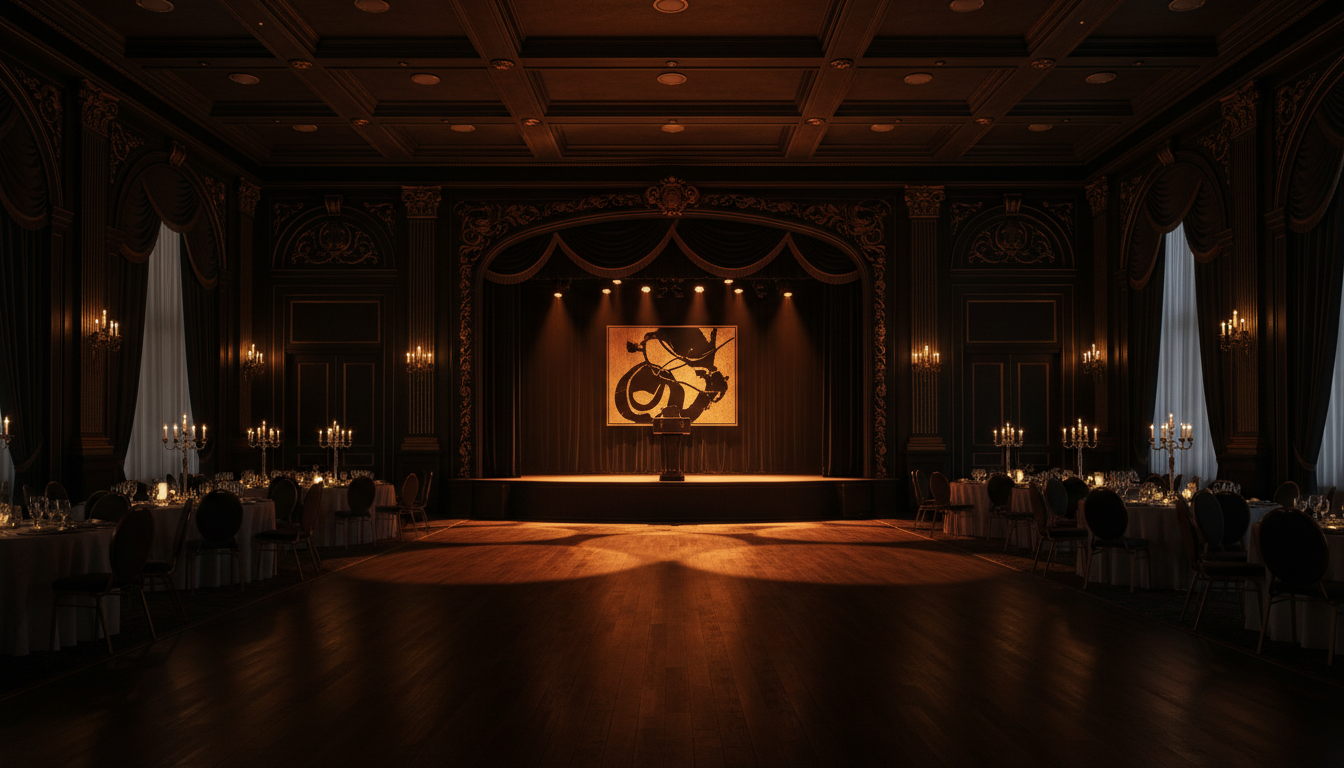 A grand ballroom with a spotlit stage, empty dance floor, and white-linen dinner tables in dramatic gold and black lighting
