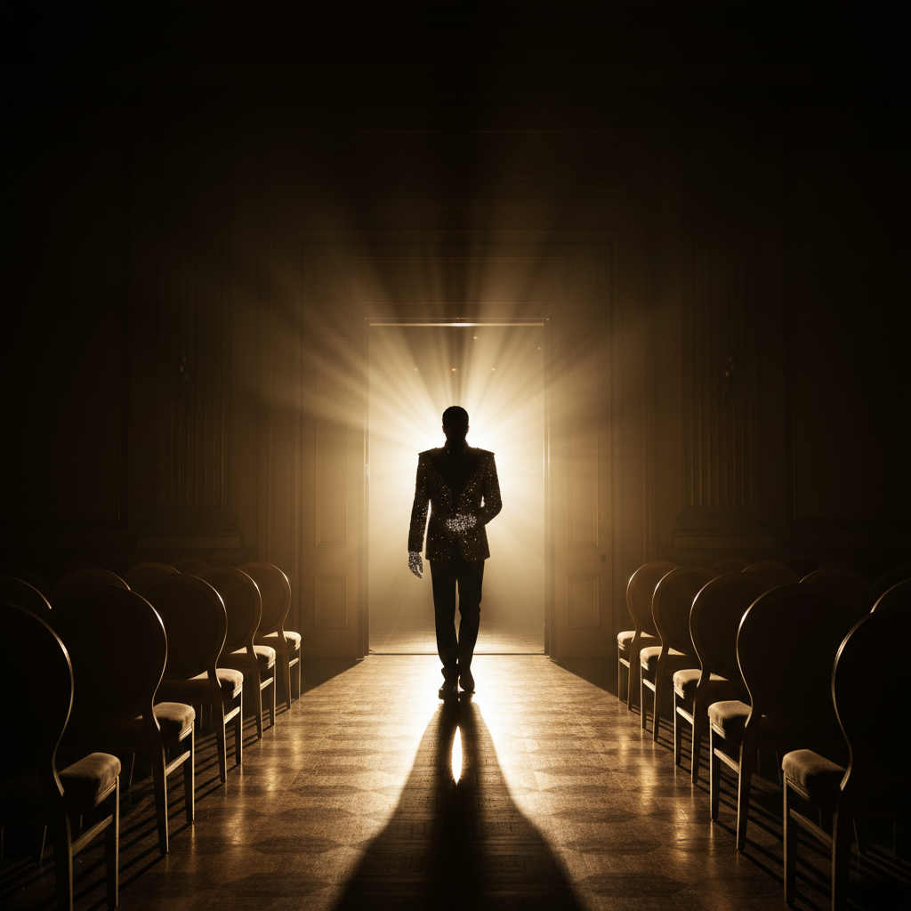A backlit silhouette in a sequined jacket and single sparkling glove framed in a dramatic doorway with gold stage light flooding into a darkened ballroom
