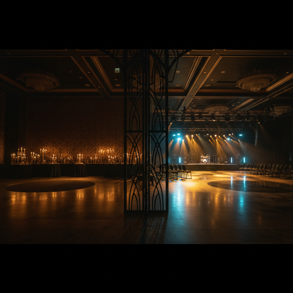 A ballroom interior showing an intimate candlelit corner alongside a grand open event floor with full stage lighting in black and gold tones