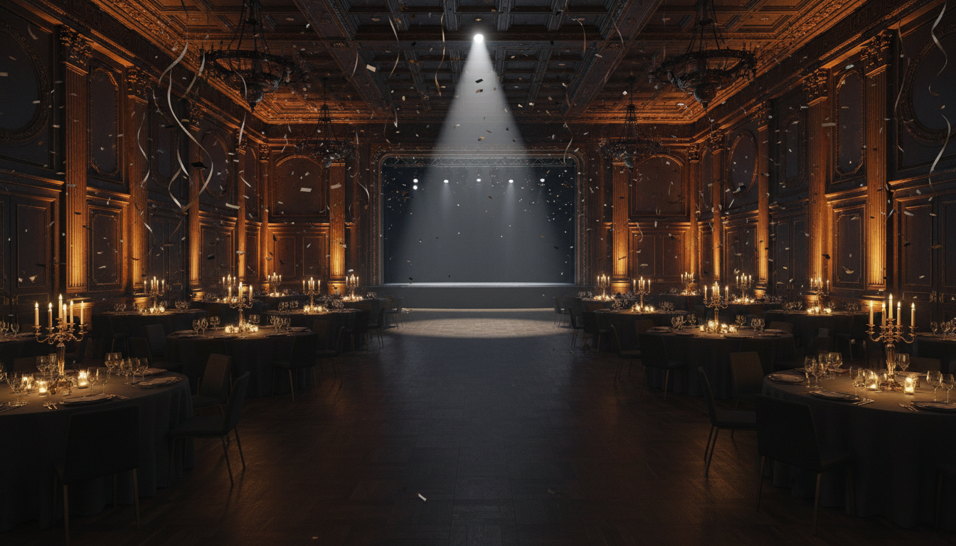 A lavishly lit ballroom set up as a private concert stage for a milestone birthday celebration