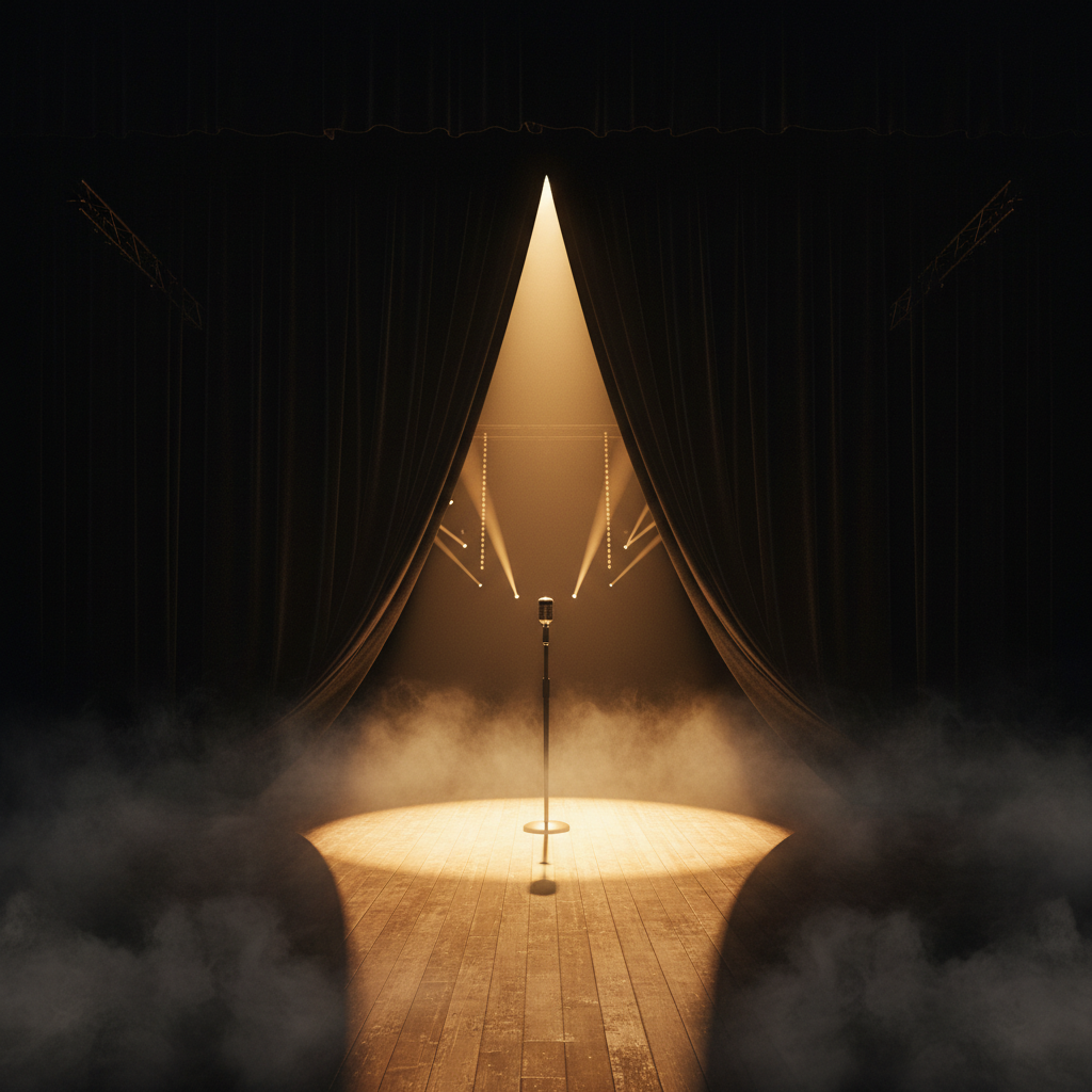 A dramatic black velvet curtain parting to reveal a gold-lit stage with a microphone stand and rolling mist