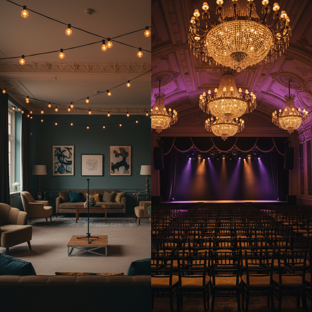 A cozy home entertainment space contrasted with a grand hotel ballroom set for a formal event