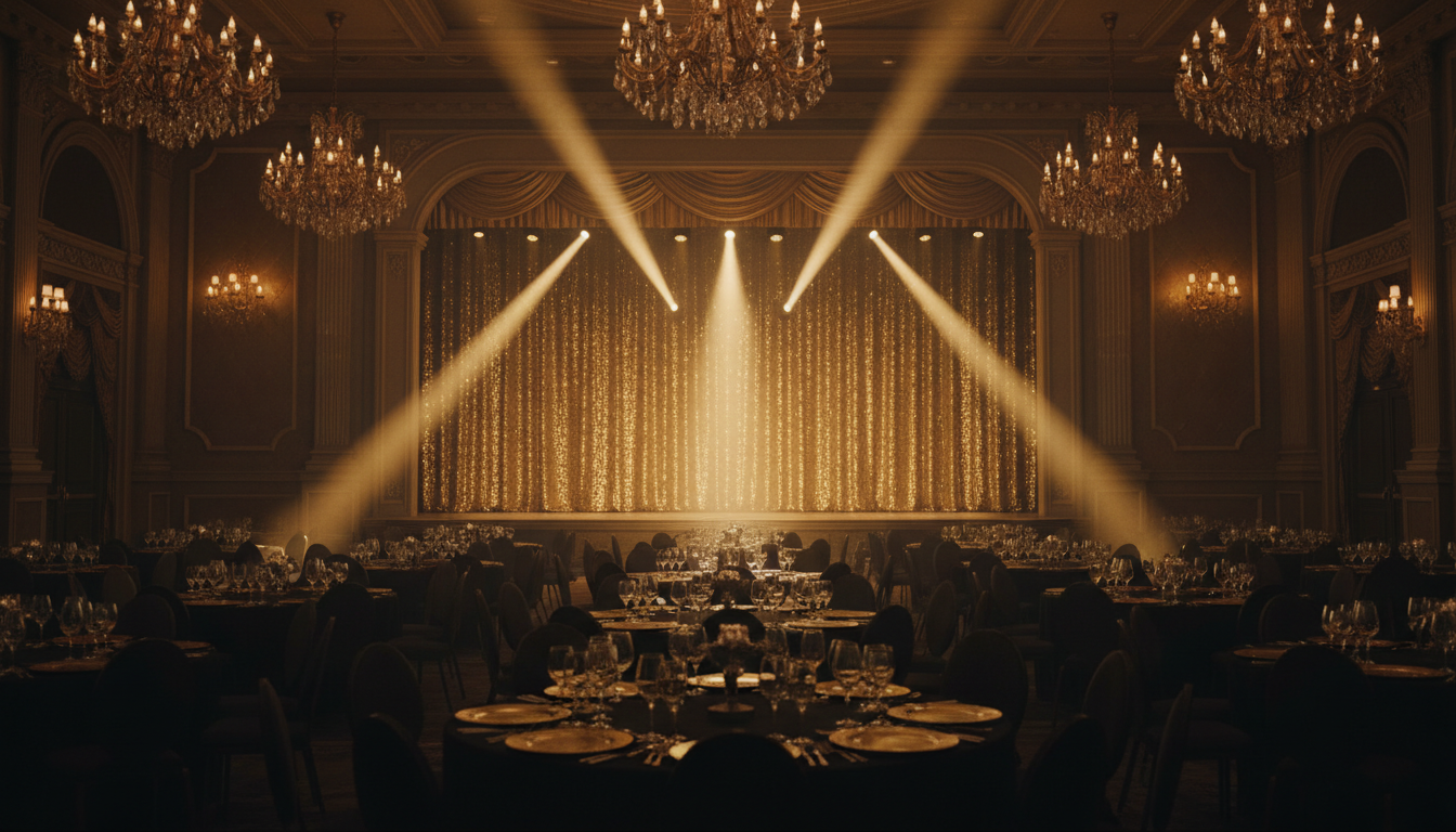 A grand ballroom stage bathed in dramatic gold and black concert lighting, awaiting an evening event performance