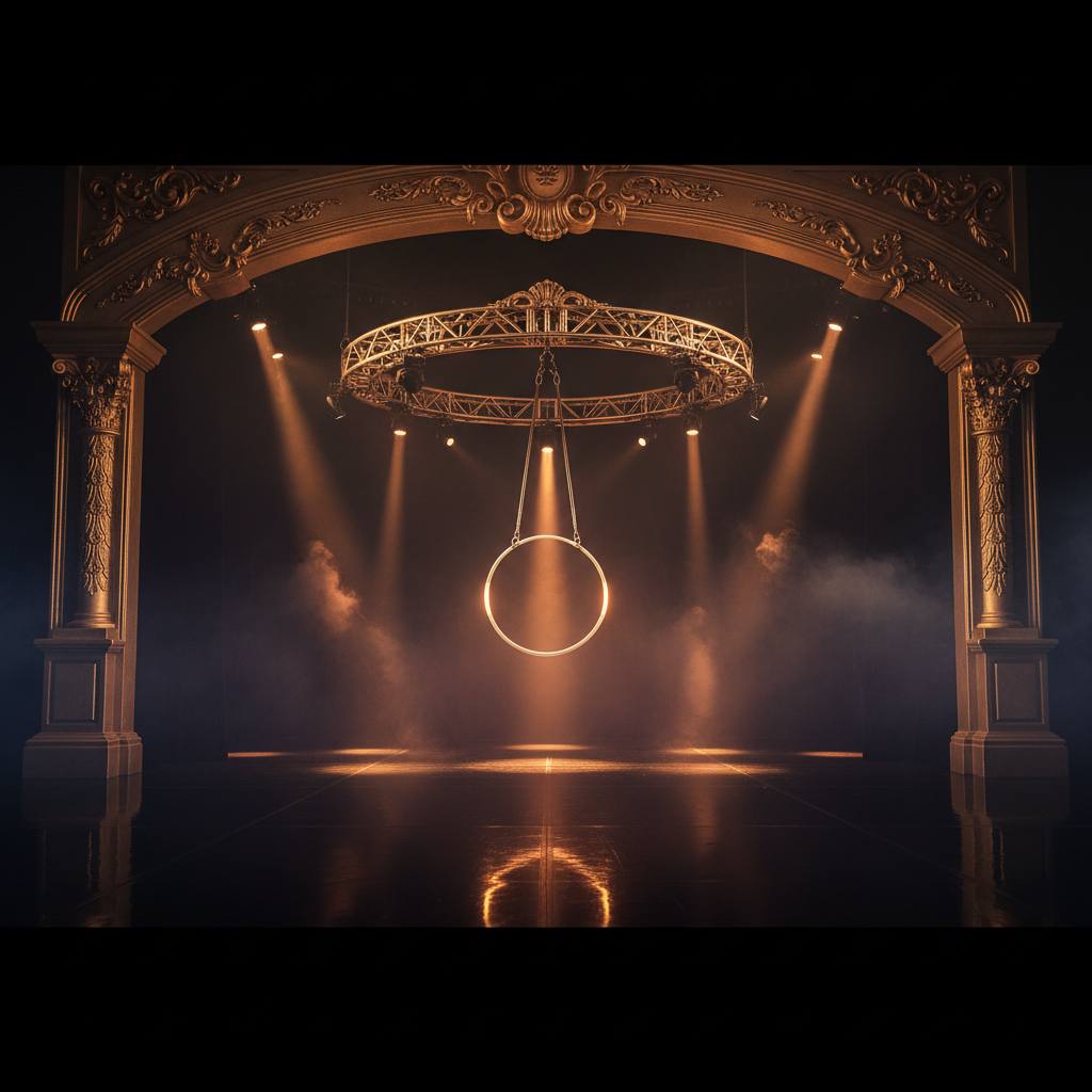 A luxury event stage with aerial silk rigging and dramatic gold spotlights in a dark Las Vegas ballroom