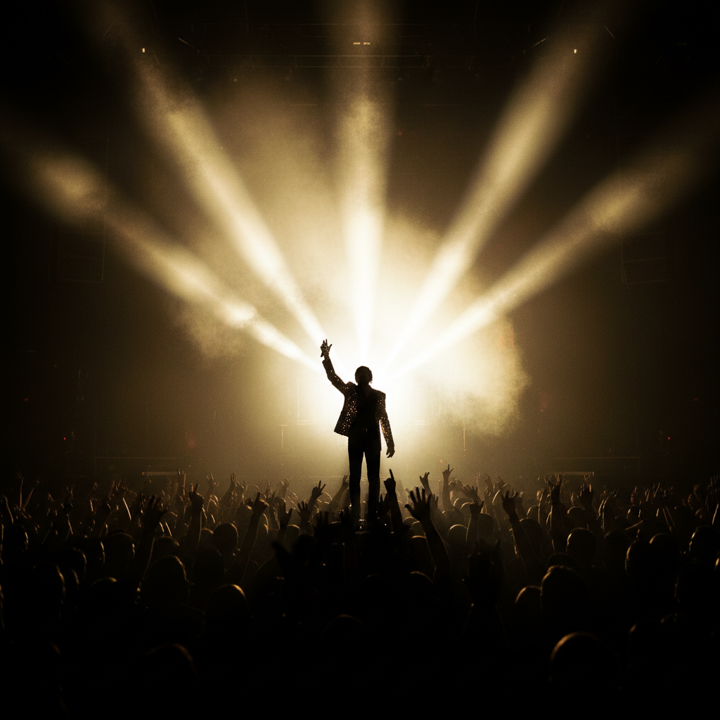 A silhouetted performer in a sequined jacket and sparkling glove standing under dramatic concert backlighting on a Las Vegas stage