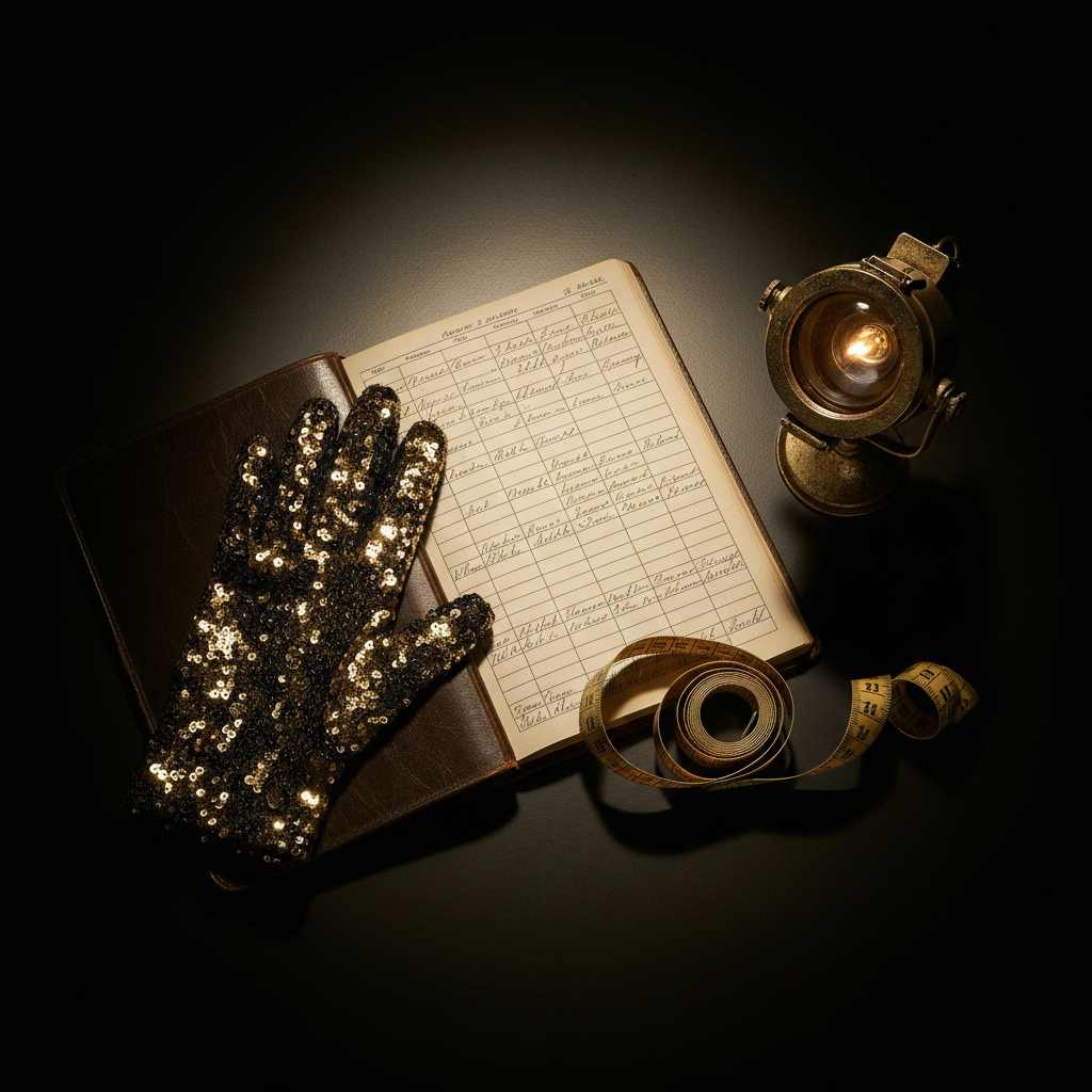 Sequined glove, ledger with handwritten columns, and a stage lighting prop arranged on a dark surface