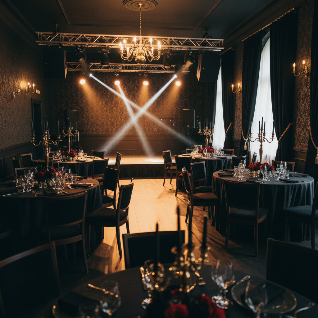 Elegant private dining room with gold candelabras and a spotlit stage set for a live birthday performance