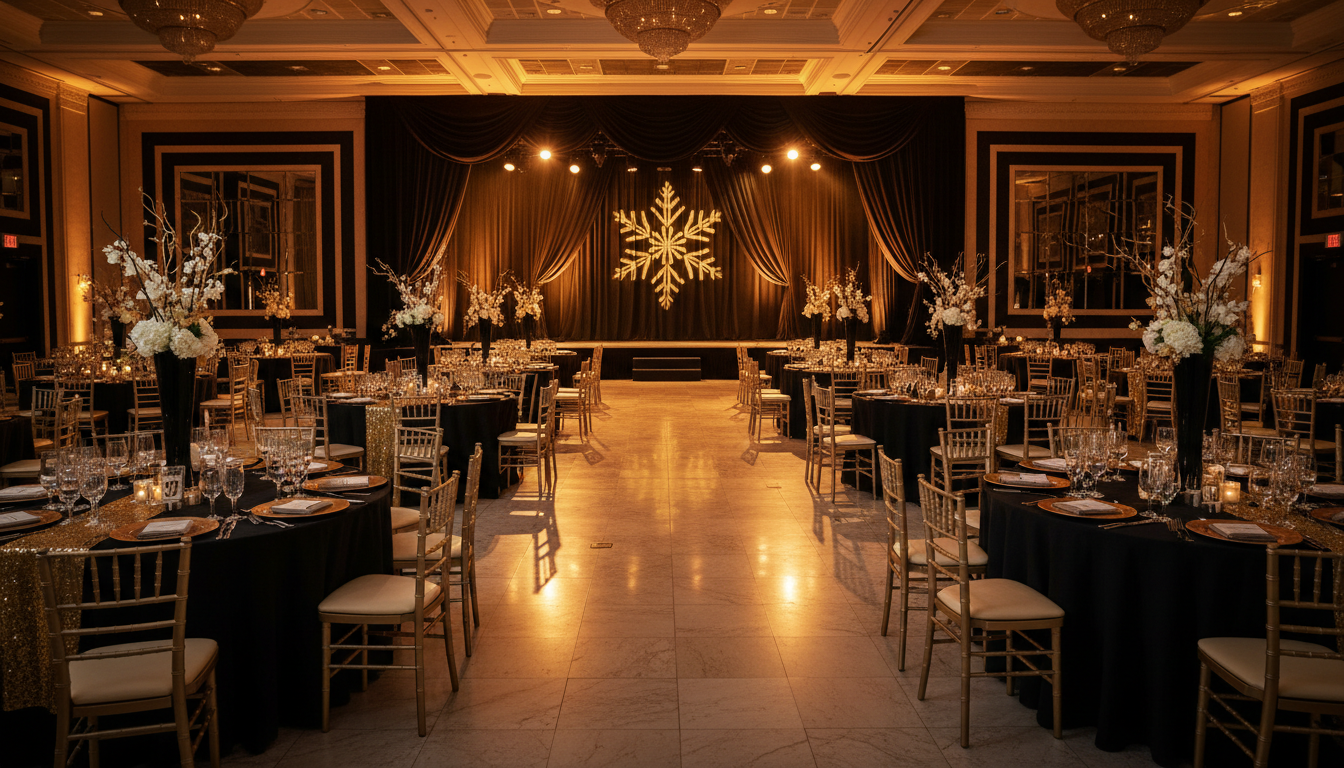An elegantly lit Las Vegas ballroom with a glowing stage and gold-accented tables set for a holiday event