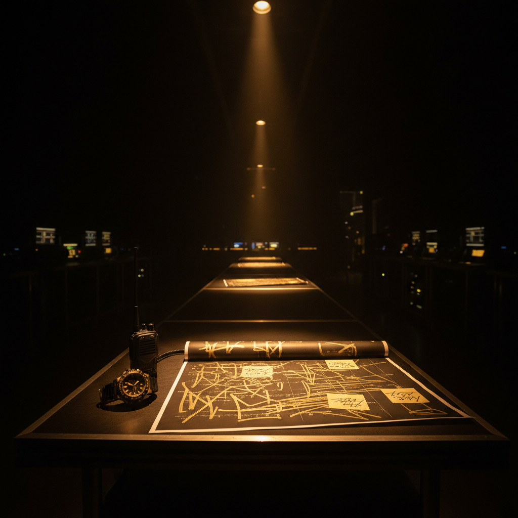 A production table in a dark event operations room with a highlighted run-of-show schedule, walkie-talkie, and wristwatch under a single spotlight