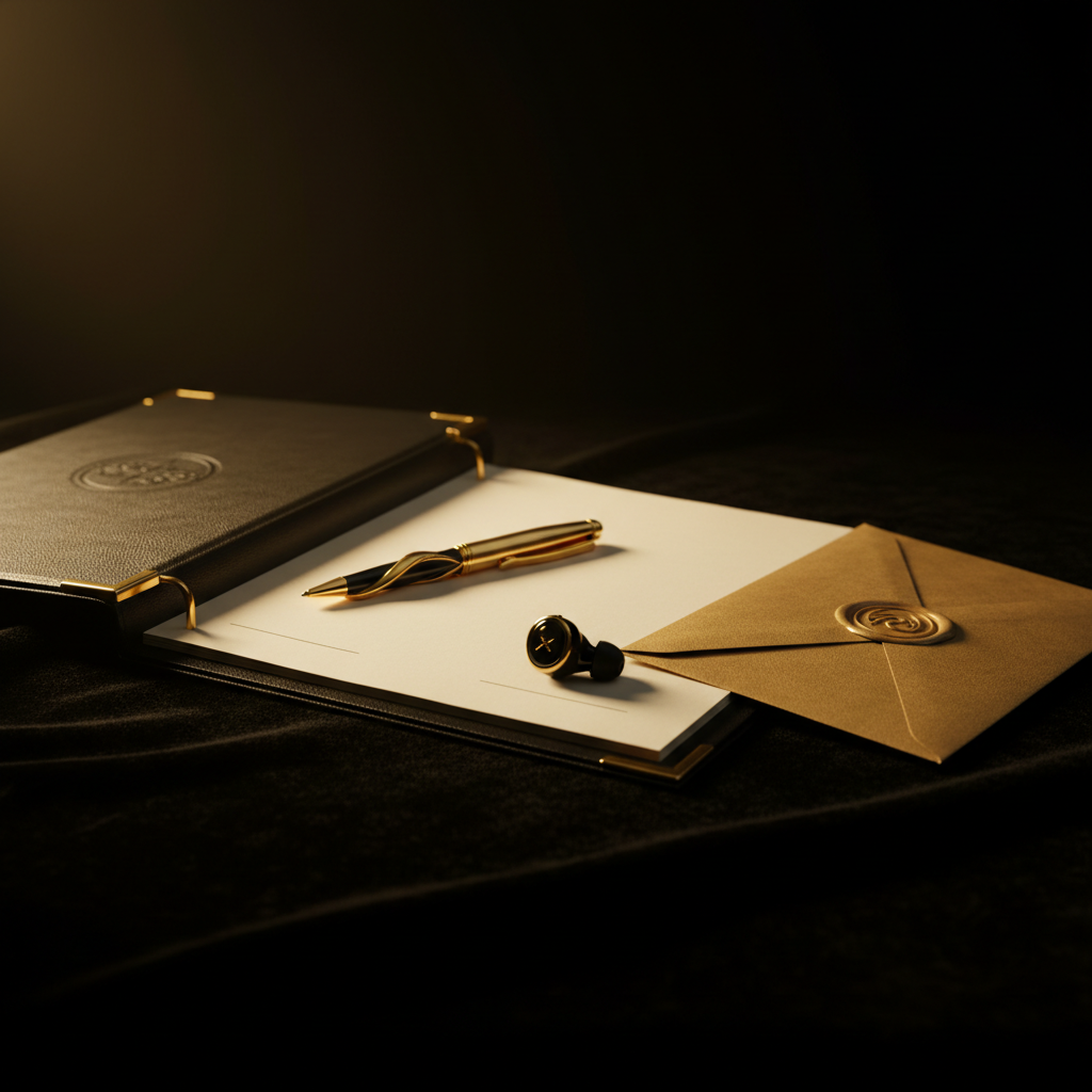An open contract binder with a gold pen, sealed envelope, and wireless earpiece on a dark table under warm directional light