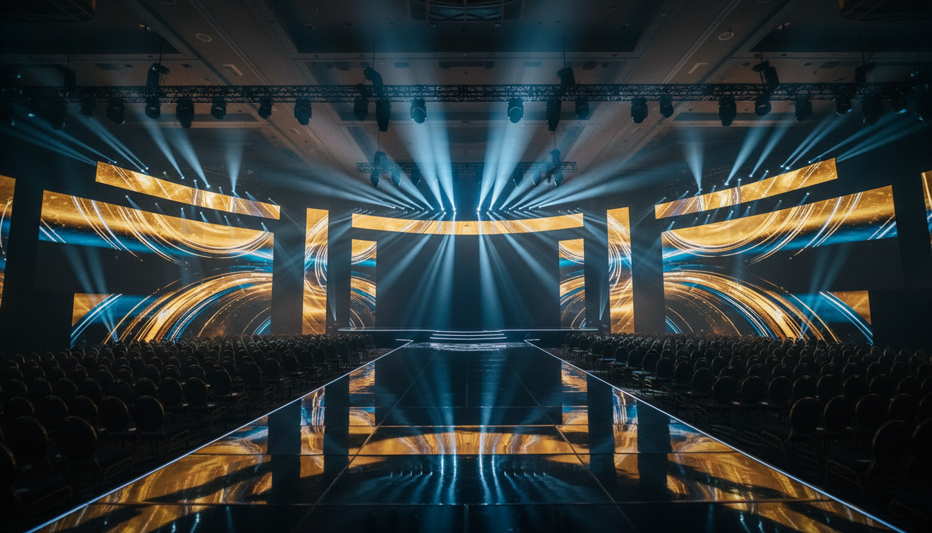 A grand Las Vegas ballroom stage bathed in deep-gold and electric-blue spotlights, set for a high-profile product launch event