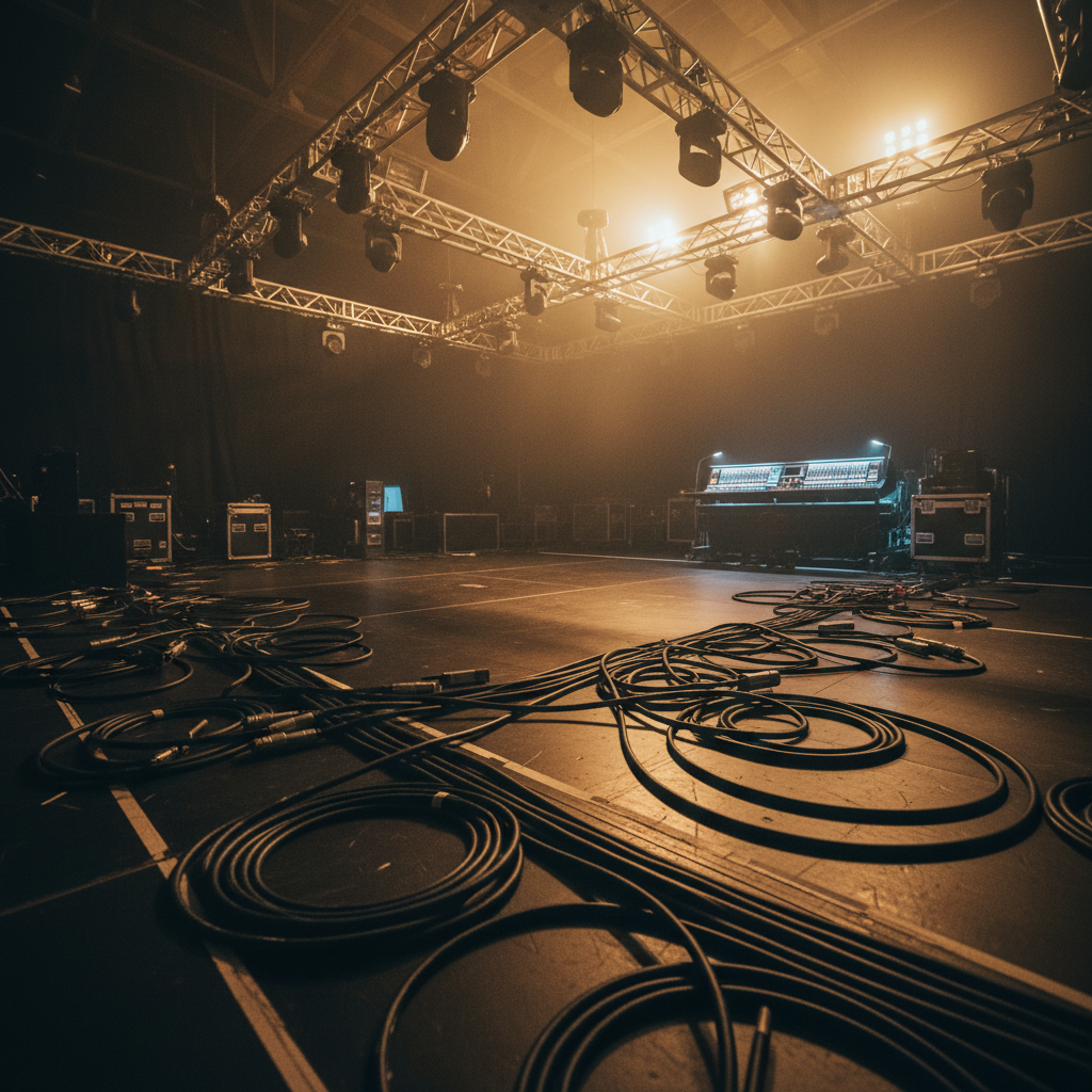 Professional audio cables and lighting rigs fill the backstage area of a large event venue, with a glowing mixing console visible in the background