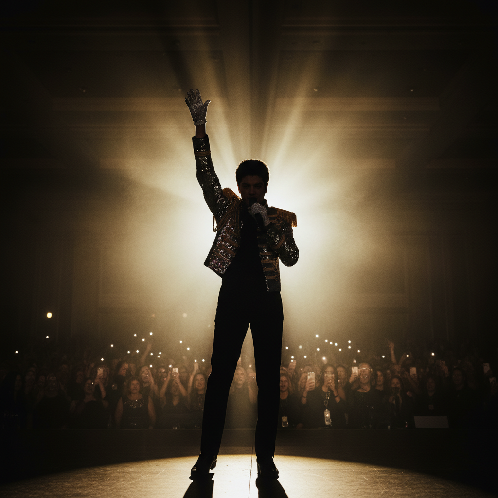 A silhouetted tribute performer in a sequined military jacket and single sparkling glove strikes a dramatic pose under concert backlighting on a grand event stage