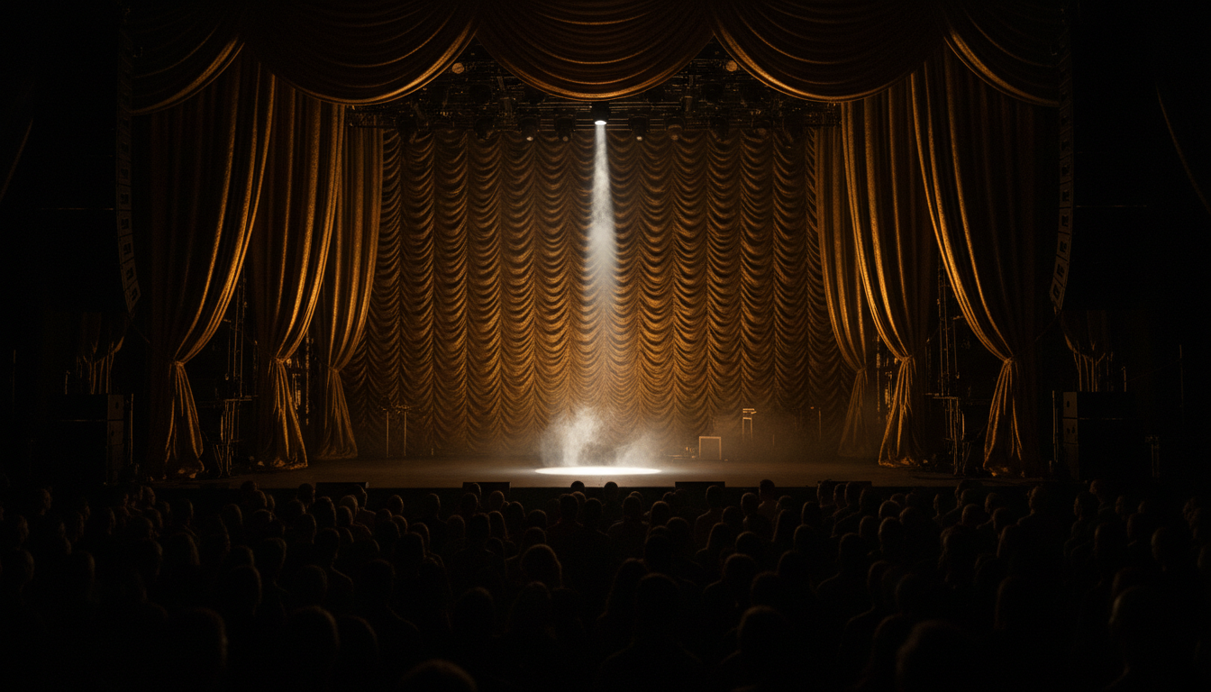 A darkened concert stage with a single dramatic spotlight illuminating a haze-filled empty center, audience silhouettes visible in the foreground