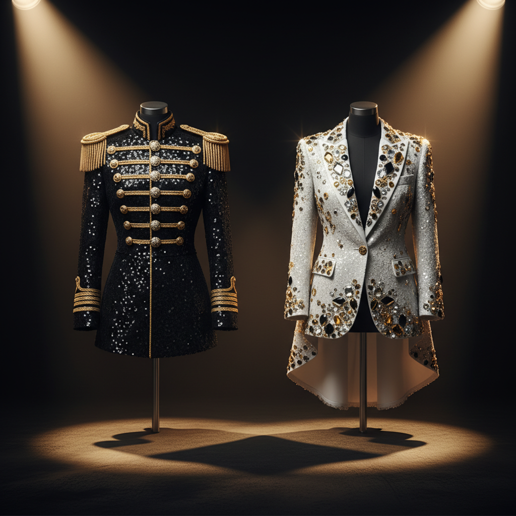 Two elaborate sequined stage jackets - one black military-style with gold epaulettes, one white with jeweled lapels - displayed under dramatic theatrical spotlights
