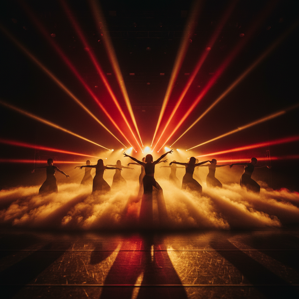 Multiple silhouetted dancers arranged dramatically on a fog-covered stage lit in deep red and amber theatrical light