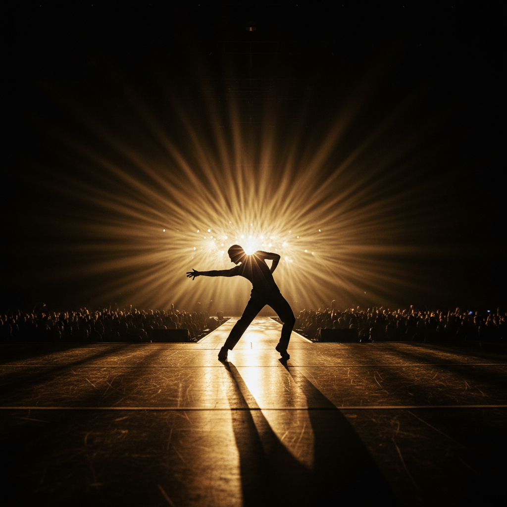 A lone performer's full silhouette frozen mid-dance move on a brightly backlit concert stage with a glossy reflective floor