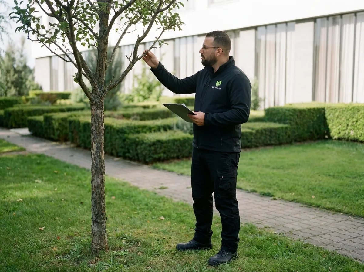 Mitarbeiter von BKB Services kontrolliert mit Klemmbrett einen Baum in einer Münchner Außenanlage