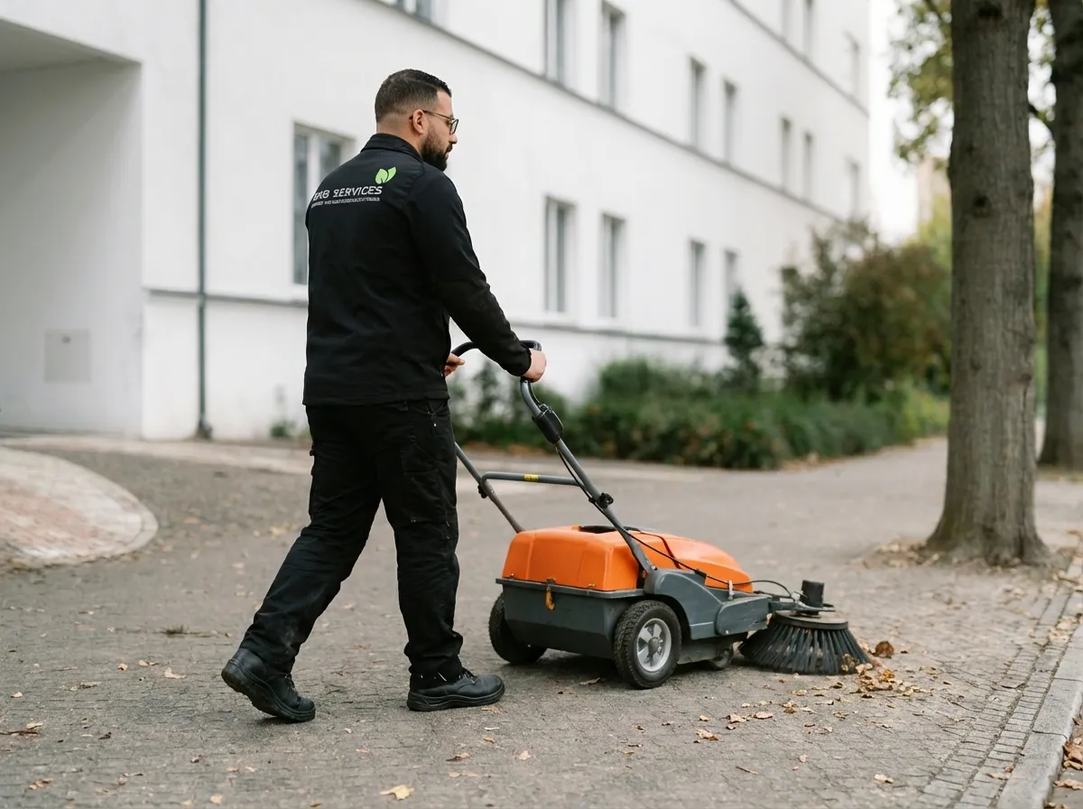 Mitarbeiter von BKB Services reinigt mit Kehrmaschine einen laubbedeckten Gehweg
