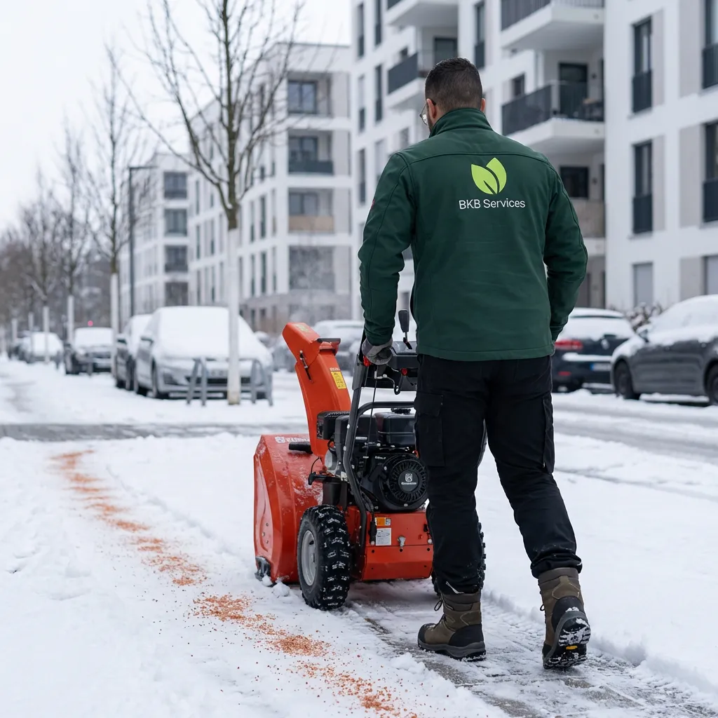 Mitarbeiter von BKB Services räumt mit der Schneefräse einen Gehweg an einer Münchner Wohnanlage