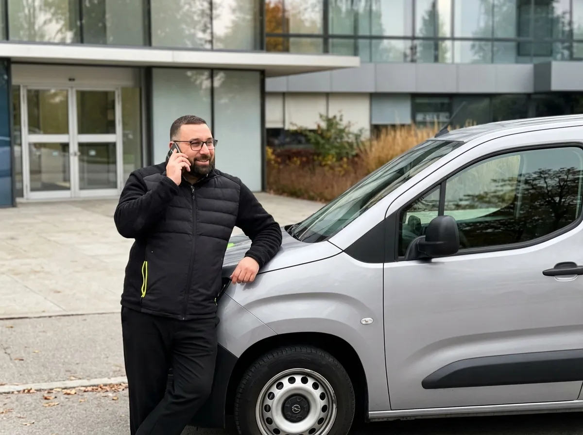 Baris Bütün von BKB Services im Telefonat vor einem betreuten Objekt in München