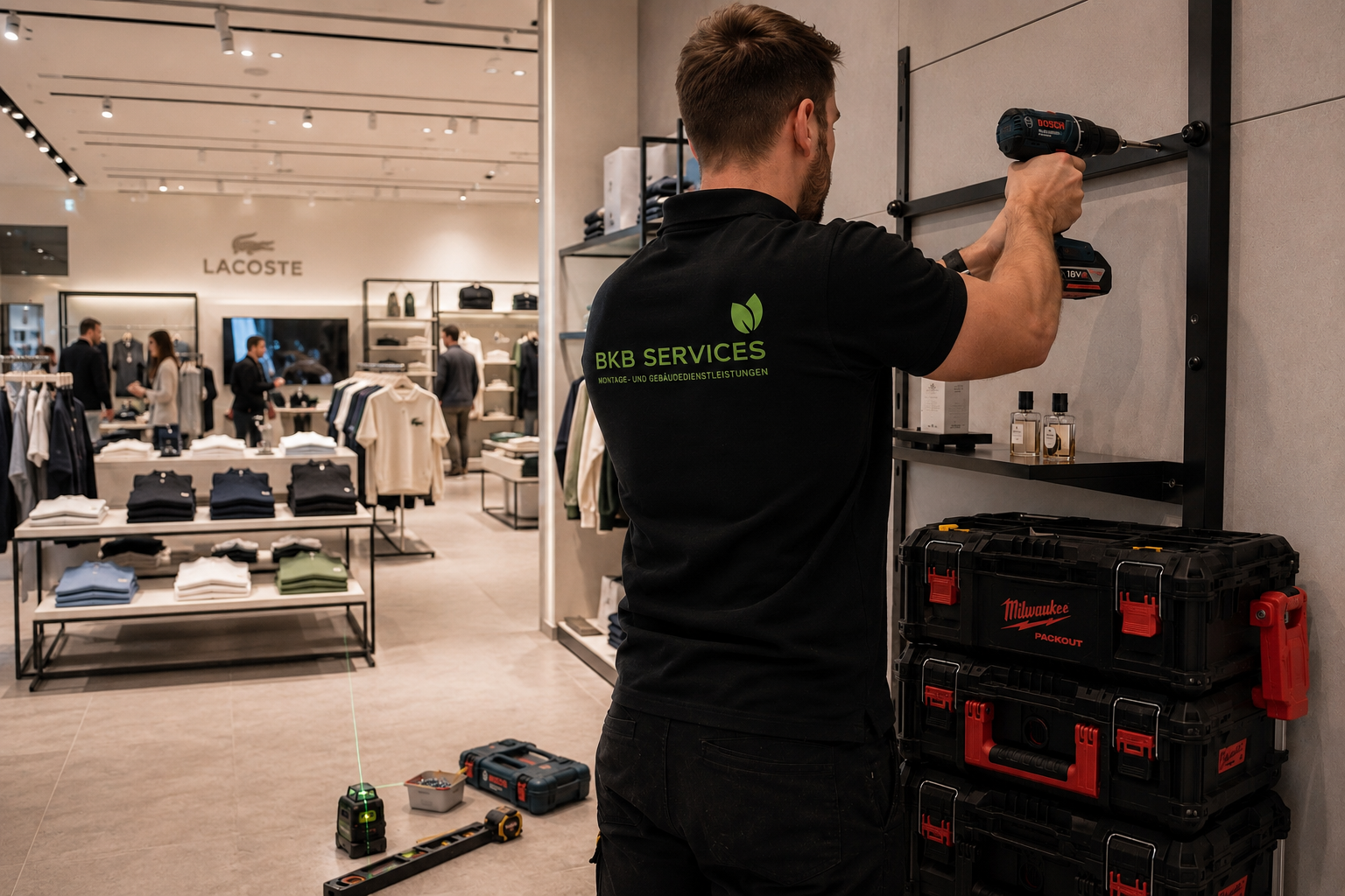 Mitarbeiter von BKB Services montiert ein Regalsystem in einem Ladengeschäft in München