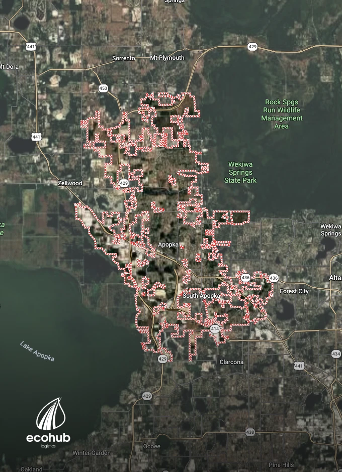 Satellite view of Apopka, FL with EcoHub Logistics branding for local car shipping services.