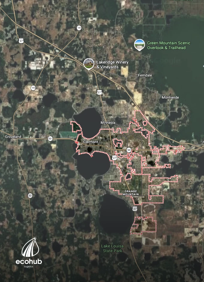 Satellite view of Clermont, FL with EcoHub Logistics branding for local car shipping services.