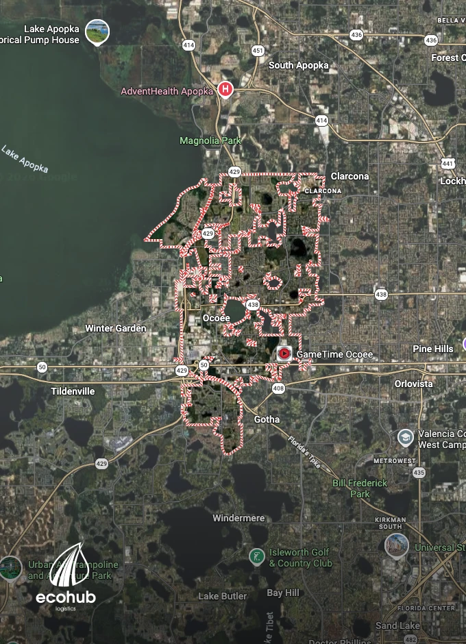 Satellite view of Ocoee, FL with EcoHub Logistics branding for local car shipping services.