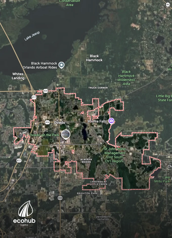 Satellite view of Oviedo, FL with EcoHub Logistics branding for local car shipping services.
