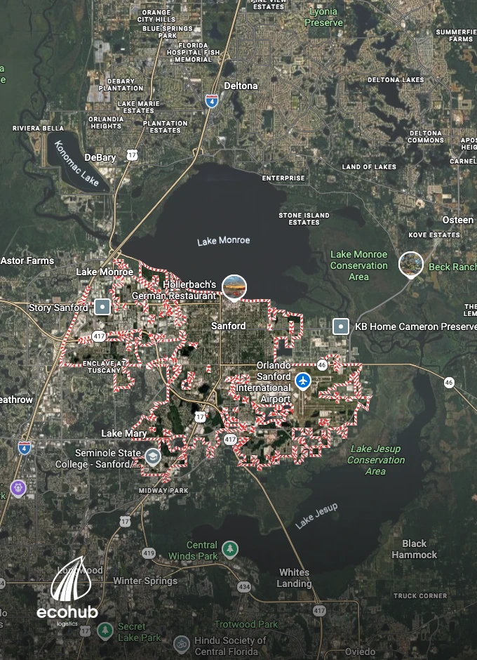 Satellite view of Sanford, FL with EcoHub Logistics branding for local car shipping services.