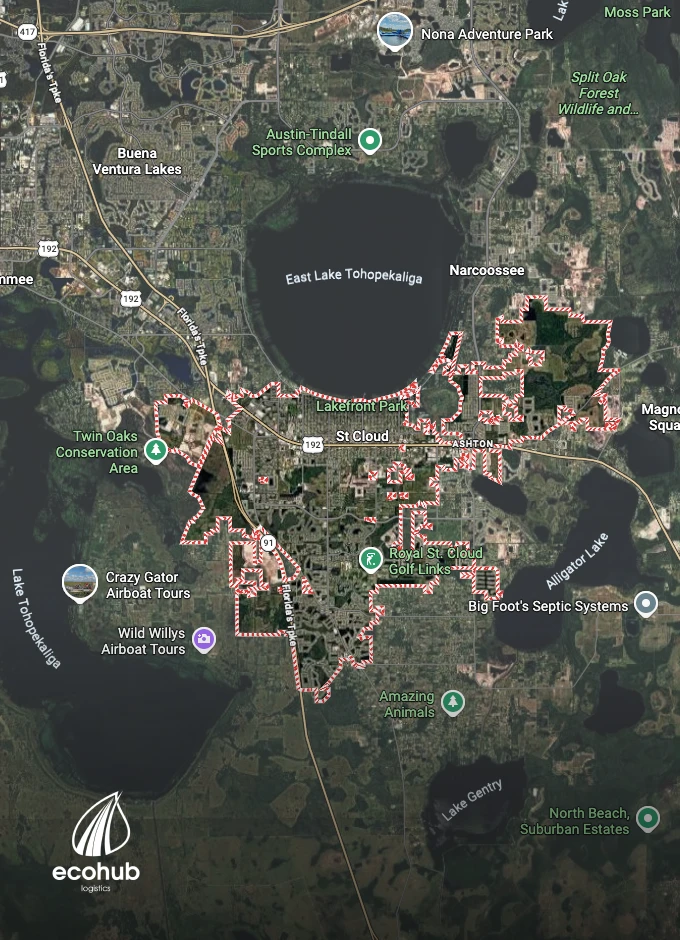 Satellite view of St. Cloud, FL with EcoHub Logistics branding for local car shipping services.