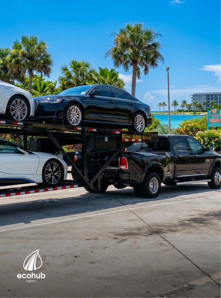 Auto transport truck of EcoHub Logistics carrying vehicles in Ocoee, FL for car shipping services