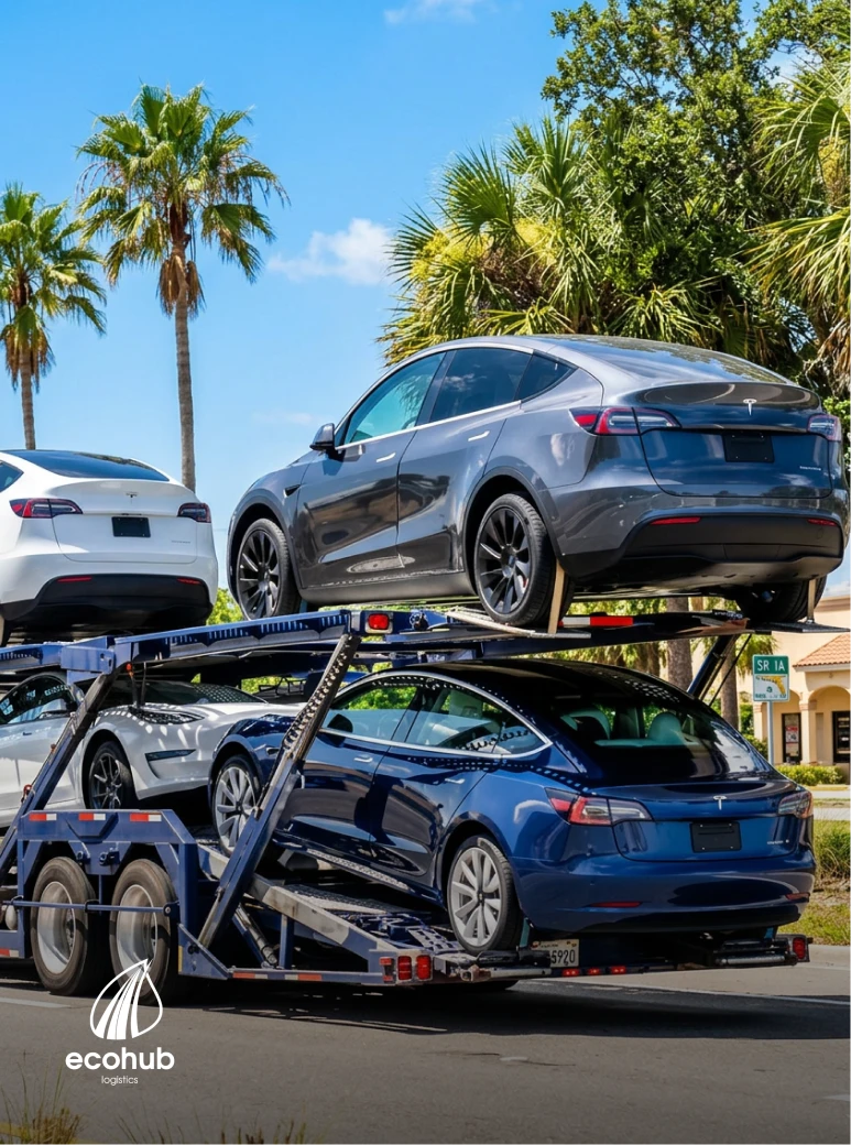 Car hauler transporting cars in Winter Garden, FL for EcoHub Logistics car shipping service