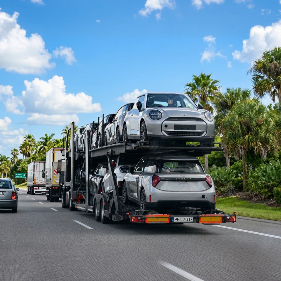 Car Shipping Services, EcoHub Logistics truck carrying cars on open trailer in Florida