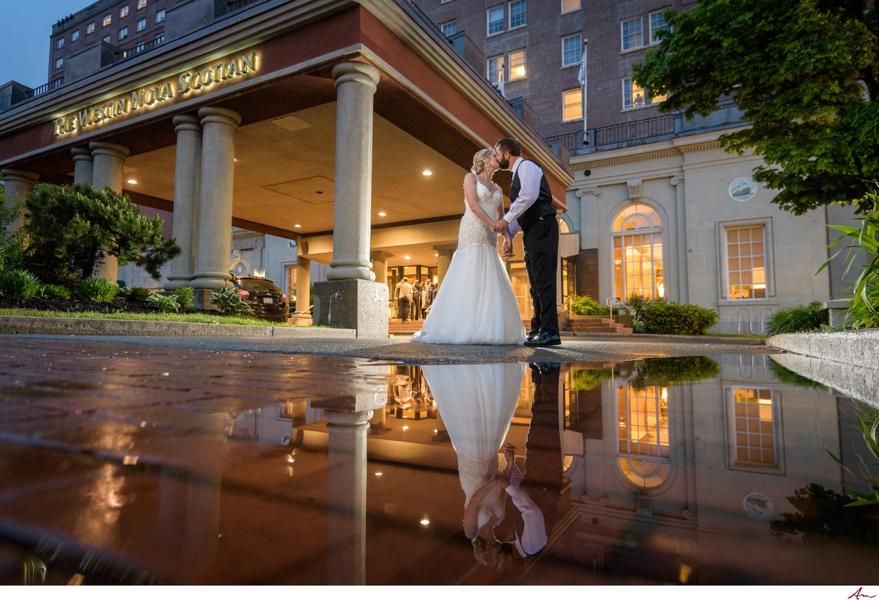 Wedding couple outside the Westin Nova Scotian hotel in Halifax
