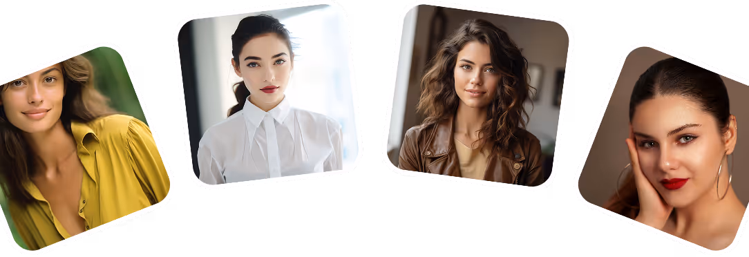 Four portraits of women with various expressions; first woman in a yellow shirt outdoors, second in a white blouse with tied-back hair, third in a brown leather jacket with curly hair, fourth with dark hair, red lipstick, and large hoop earrings resting her face on her hand.