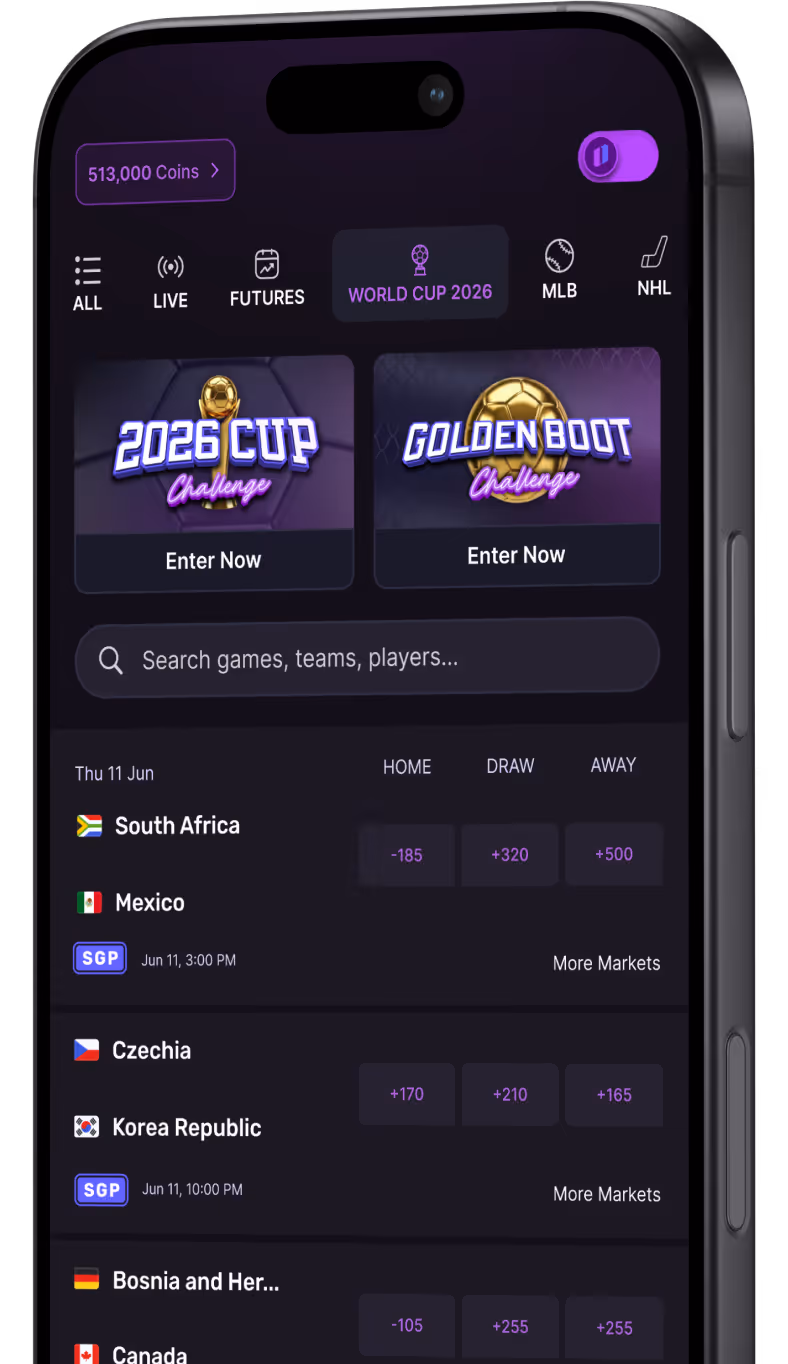 Mobile screen showing World Cup 2026 betting odds for matches including South Africa vs Mexico.