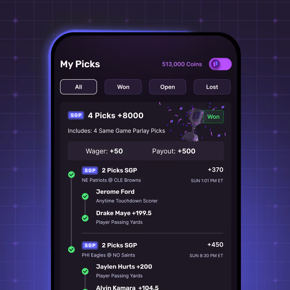 Mobile screen showing sports bets with picks, winnings, wager, payout, and game details
