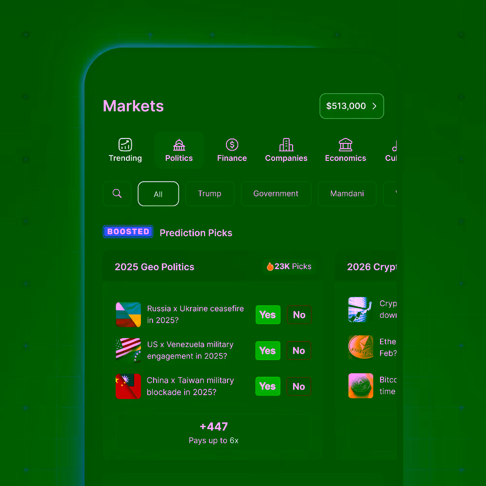 Mobile app screen showing markets with trending, politics, finance tabs and 2025 geopolitics prediction picks