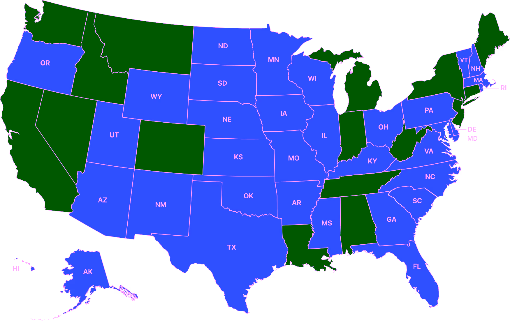 Map of US states colored blue or dark blue labeled with their postal abbreviations.