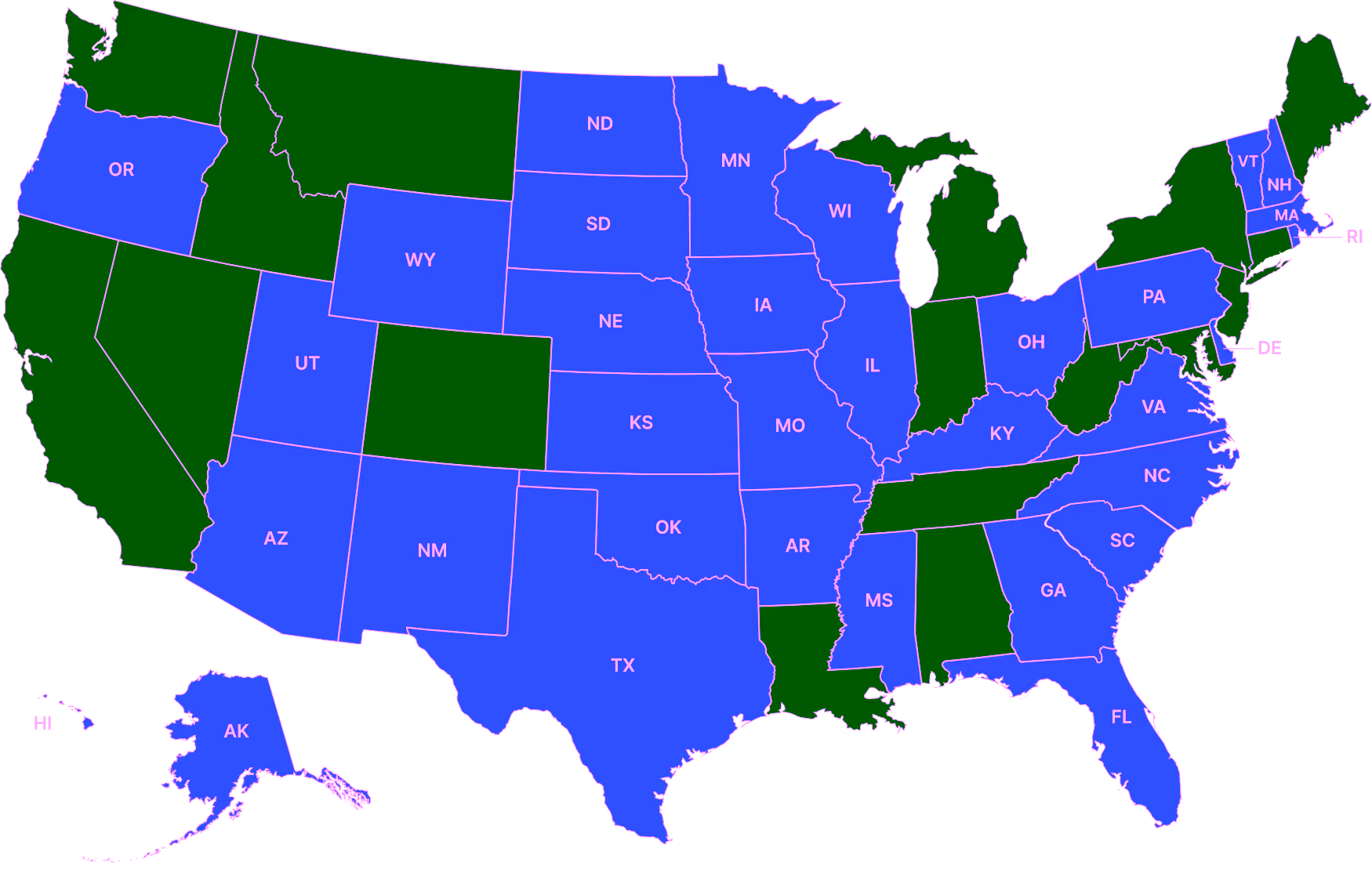 Map of US states colored blue or dark blue labeled with their postal abbreviations.